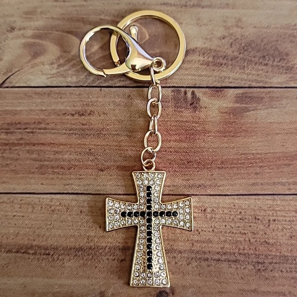 Rhinestone Black and Gold Toned Cross Keychain Keyholder